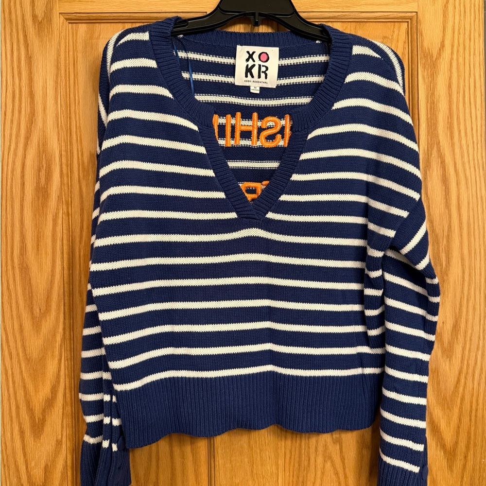 Kerri Rosenthal XOKR Navy and White Striped V-Neck Sweater